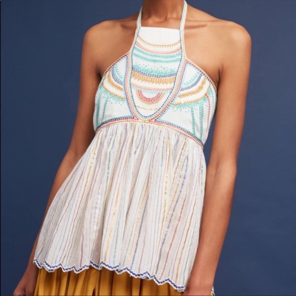 Anthropologie Amaral Embroidered Halter Top White Multi Color Stripe 6P